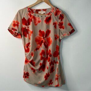 Michael Michael Kors Womans Floral Top Blouse Rusched Side Short Sleeve Size 8